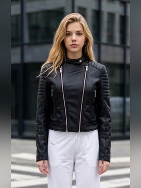 Zara Black Faux Leather Biker Jacket with Quilted Shoulders